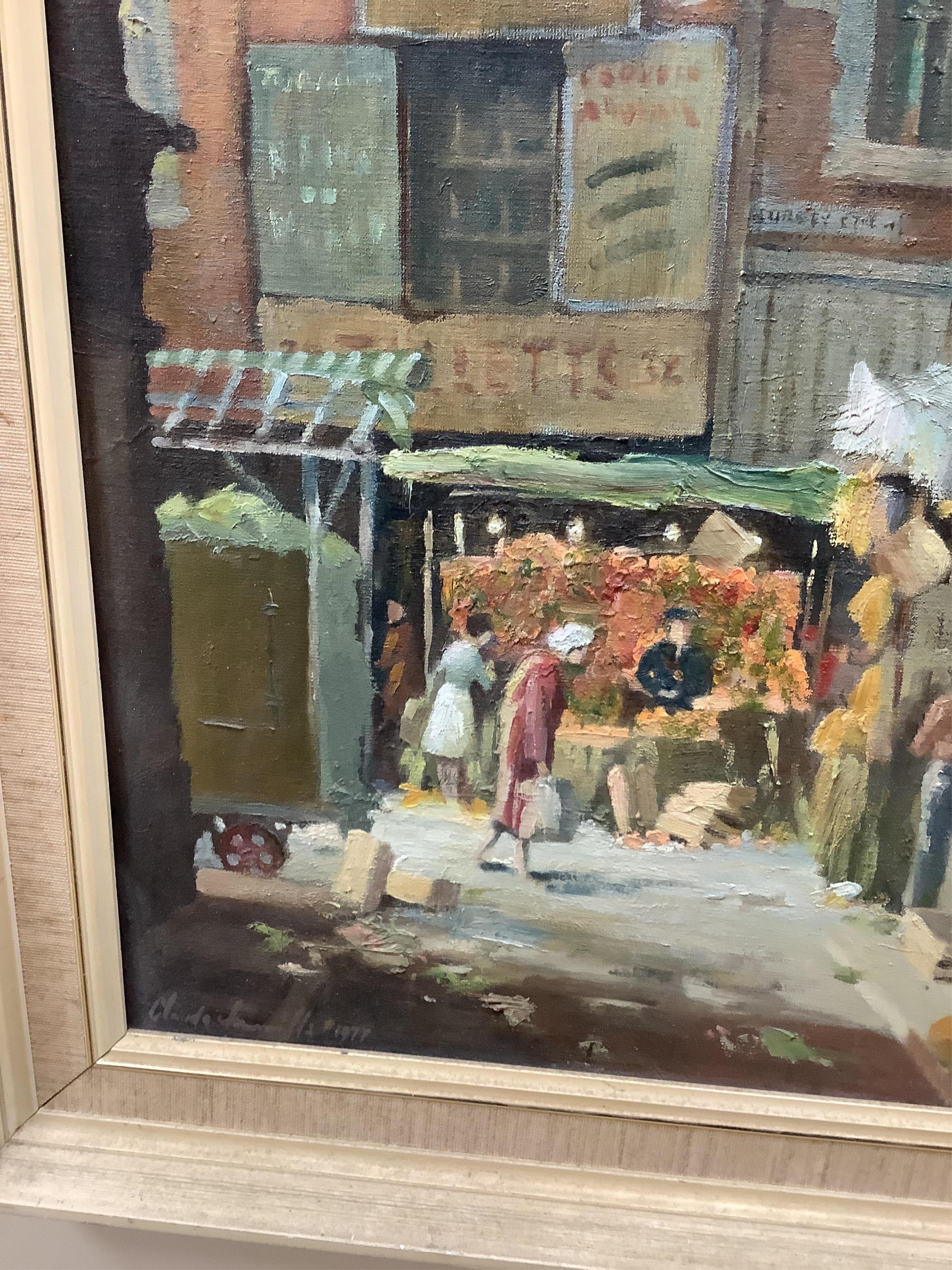 Claude Murrills (1915-2006), Croydon market scene, oil on board and coastal scene, watercolour, former 44x29cm